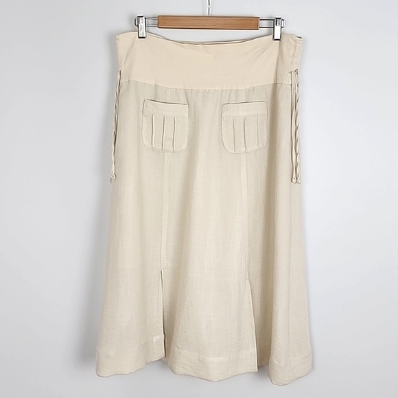 Melanie Lyne Cream Midi A-Line Slit Flowy Lined Cotton Blend Skirt Size 12 - Picture 2 of 15